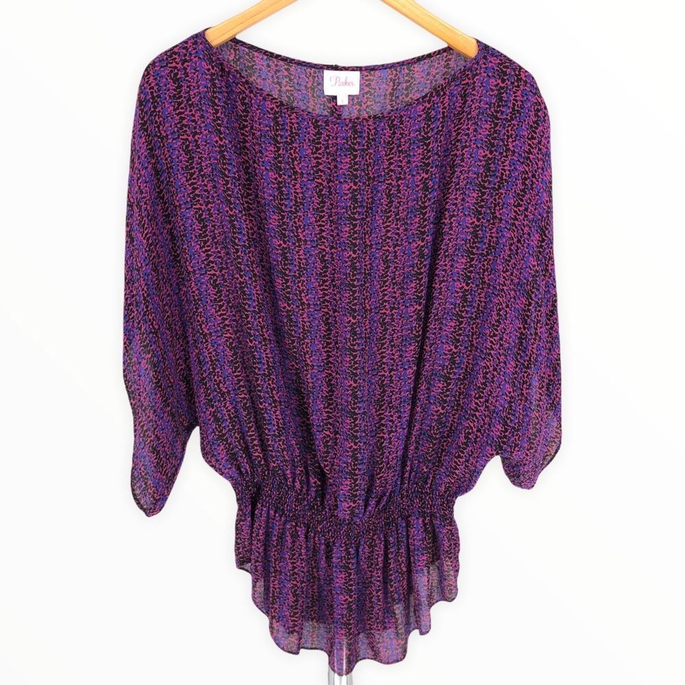 Parker Silk Printed Purple Pink Blouson Smocked Waist Blouse Top